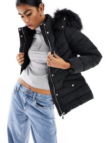 Купить женская верхняя одежда New Look: New Look puffer jacket with faux fur hood in black