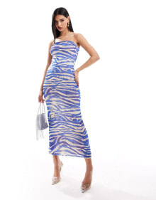 ASOS DESIGN mesh bandeau cowl neck midi dress in blue zebra print купить онлайн