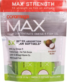 Рыбий жир и Омега 3, 6, 9 coromega Max High Concentrate Omega-3 Fish Oil Squeeze Shots Coconut Bliss Омега 3 из рыбьего жира с витамином D 3 - 30 капсул