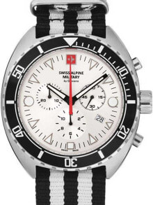 Мужские наручные часы с ремешком Мужские наручные часы с черным белым текстильным ремешком  Swiss Alpine Military 7066.9632 turtle chronograph 44mm 10ATM