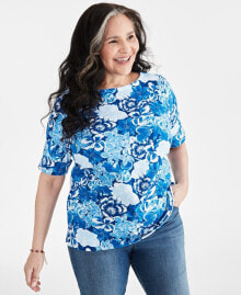 Plus Size Printed Cuffed-Sleeve Boat Neck Top, Created for Macy's купить онлайн