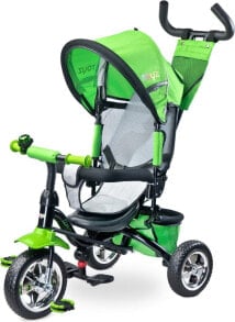 Трехколесный велосипед Toyz Timmy. С 3 до 5 лет. Металлический каркас, съемный родительский руль, складной тент, регулируемая спинка, корзина с аксессуарами. Зеленый.