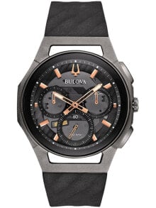 Мужские наручные часы с черным силиконовым  ремешком Bulova 98A162 Curv Chronograph 44mm 3ATM