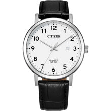 Мужские наручные часы с черным кожаным ремешком  Citizen BI5070-06A mens quartz 41mm 5ATM