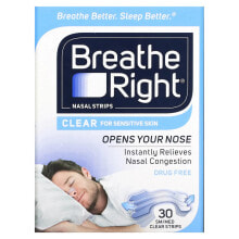 Breathe Right, Полоски для носа, прозрачные для чувствительной кожи, большие, 30 прозрачных полосок