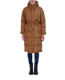 Sebby Collection women's Long Puffer Jacket with Hood and Belt