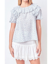 Free the Roses women's Floral Print Ruffle Top with Puff Sleeves