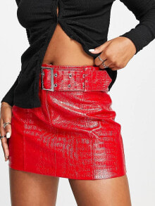 Женские мини-юбки miss Selfridge patent croc mid rise belted mini skirt in red
