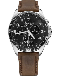 Мужские наручные часы с коричневым кожаным ремешком Victorinox 241928 Fieldforce chronograph 42mm 10ATM