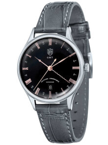 Мужские наручные часы с серым кожаным ремешком  DuFa DF-9006-08 Weimar Mens Watch GMT 38mm 3 ATM