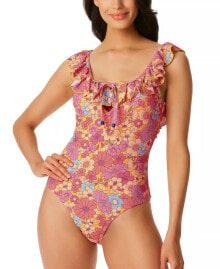 Купить женские купальники Jessica Simpson: Jessica Simpson Floral Rendevous Ruffled-Neck Swimsuit Flax Multi Size Large