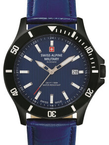 Мужские наручные часы с ремешком Мужские наручные часы с синим кожаным ремешком Swiss Alpine Military 7022.1575 mens 42mm 10ATM