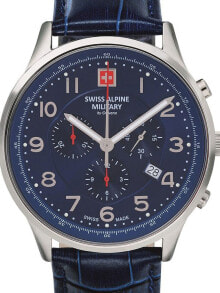 Мужские наручные часы с ремешком мужские наручные часы с синимм кожаным ремешком Swiss Alpine Military 7084.9535 Chronograph 43mm 10ATM