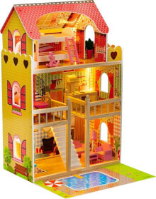 Funfit Drewniany domek dla lalek z basenem oraz oświetleniem LED RGB + 2 lalki
