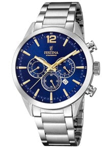 Мужские часы с серебряным браслетом  	Festina F20343/2 Timeless Chronograph 43mm 10ATM