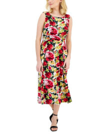 Connected petite Floral-Print Ruched Midi Dress