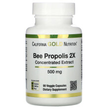 Прополис и пчелиное маточное молочко California Gold Nutrition Bee Propolis 2X,Concentrated Extract, 500 mg, Пчелиный прополис 2X концентрированный 500 мг,90 растительных капсул,2 упаковки