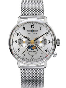 Мужские наручные часы с серебряным браслетом Zeppelin 7036M-1 Hindenburg LZ129 mens watch moon phase 40mm
