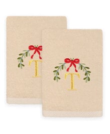 Linum Home christmas Mistletoe Monogram White Embroidered Luxury Turkish Cotton Hand Towels, 2 Piece Set