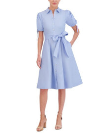 Eliza J women's Cotton Tie-Waist Bubble-Sleeve Shirtdress