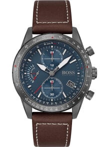 Мужские наручные часы с коричневым кожаным ремешком Hugo Boss 1513852 Pilot Edition chronograph 44mm 5ATM