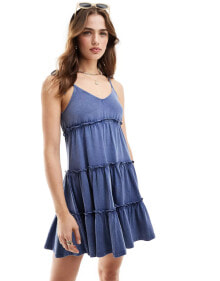 Miss Selfridge tiered washed mini dress with tie cami straps in washed blue купить в аутлете