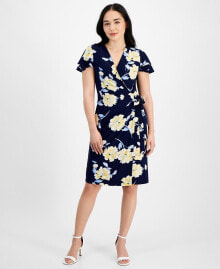 Anne Klein petite Printed Flutter-Sleeve Faux-Wrap Dress