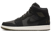 Jordan Air Jordan 1 Mid 高帮 复古篮球鞋 男款 黑 / Кроссовки Nike Air Jordan 1 Mid Black Olive Canvas (Черный)