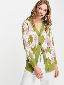 Женские кардиганы neon Rose oversized cardigan in argyle knit co-ord