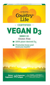 Витамин D country Life Vegan D3 Gluten Free Веганский витамин D3 без глютена 60 веганских капсул