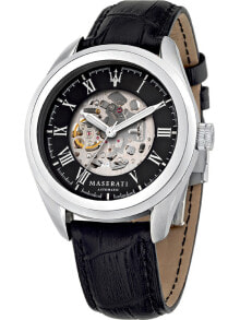 Мужские наручные часы с ремешком Мужские наручные часы с черным кожаным ремешком Maserati R8821112004 Traguardo automatic 45mm 10ATM