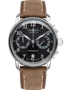 Мужские наручные часы с ремешком Мужские наручные часы с коричневым кожаным ремешком Zeppelin 8678-2 Graf Zeppelin LZ127 chrono 43mm 5ATM