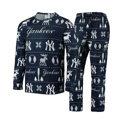Men's FOCO Navy New York Yankees Ugly Pajama Sleep Set Size: Extra Large