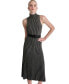 Фото #4 товара Women's Mock-Neck Belted Sleeveless Metallic Dress