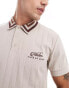 ASOS DESIGN tipped collar polo with chest embroidery in beige rib