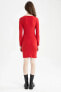 Wrap Yaka Kırmızı Uzun Kollu Mini Elbise