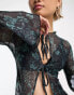 Motel botanical print mesh tie-detail shirt in teal