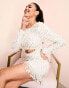 Фото #1 товара ASOS LUXE faux pearl embellished long sleeve mini dress with bow back in white