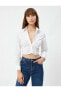 Crop Gömlek Drapeli Klasik Yaka Düğmeli Uzun Kollu - 4wak60206pw Kırık Beyaz