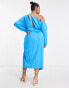 ASOS DESIGN Curve satin off the shoulder midi dress with tuck detail in blue BLAU, 52 - фото #2