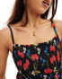 Wednesday's Girl cherry print shirred cami mini smock dress in black