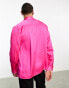 Фото #4 товара ASOS DESIGN long sleeve double breasted satin shirt with shawl collar in neon pink