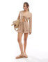 4th & Reckless lanai crinkle long sleeve tie front beach shirt co-ord in beige