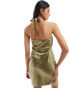 Фото #4 товара Miss Selfridge satin lace trim halter mini dress in khaki