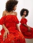 ASOS EDITION blouson off shoulder tiered broderie midi dress in tomato red