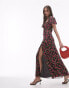 Topshop ruched sleeve occasion dress in red floral print Красный, 34 - фото #1