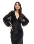 Never Fully Dressed sheer sleeve contrast satin maxi dress in black Черный, 34 - фото #1