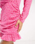 In The Style wrap shirt dress with ruched ruffle hem in pink spot print