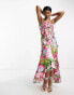 ASOS DESIGN satin ruched ruffle maxi dress with button detail in pink floral