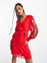 Hope & Ivy long sleeve embroidered wrap mini dress in red